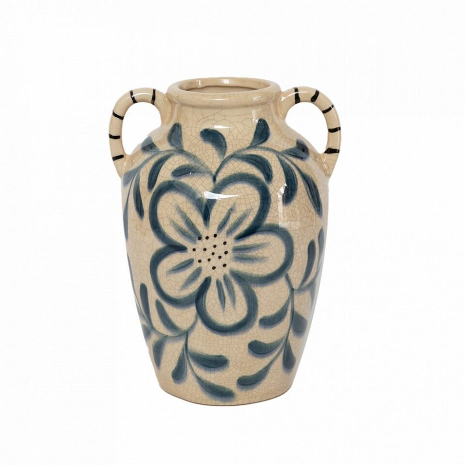 vase beige avec fleurs bleues