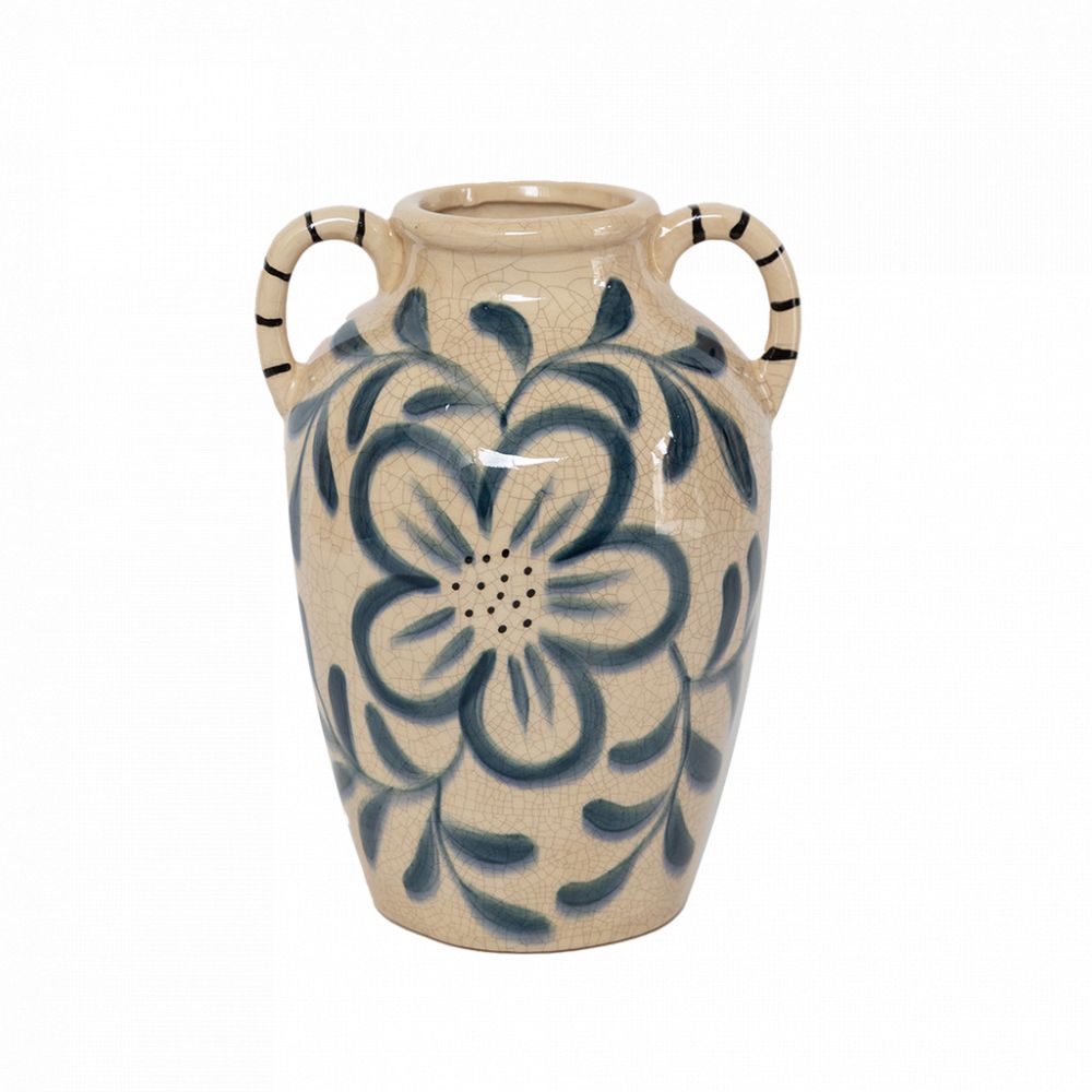 vase beige avec fleurs bleues